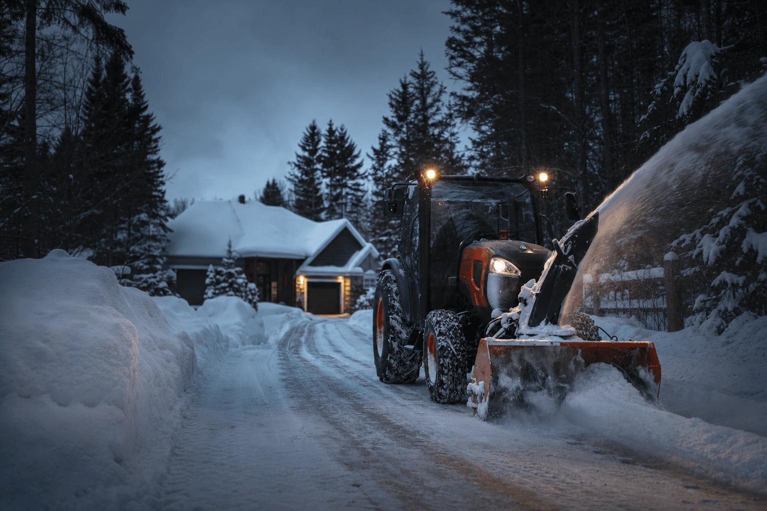 Tracteur avec souffleuse dégageant une entrée résidentielle enneigée
